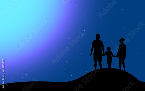 vector illustration black silhouette of a married couple man, woman, child holding hands standing on the surface of the earth and looking at a bright big glowing star in the starry sky