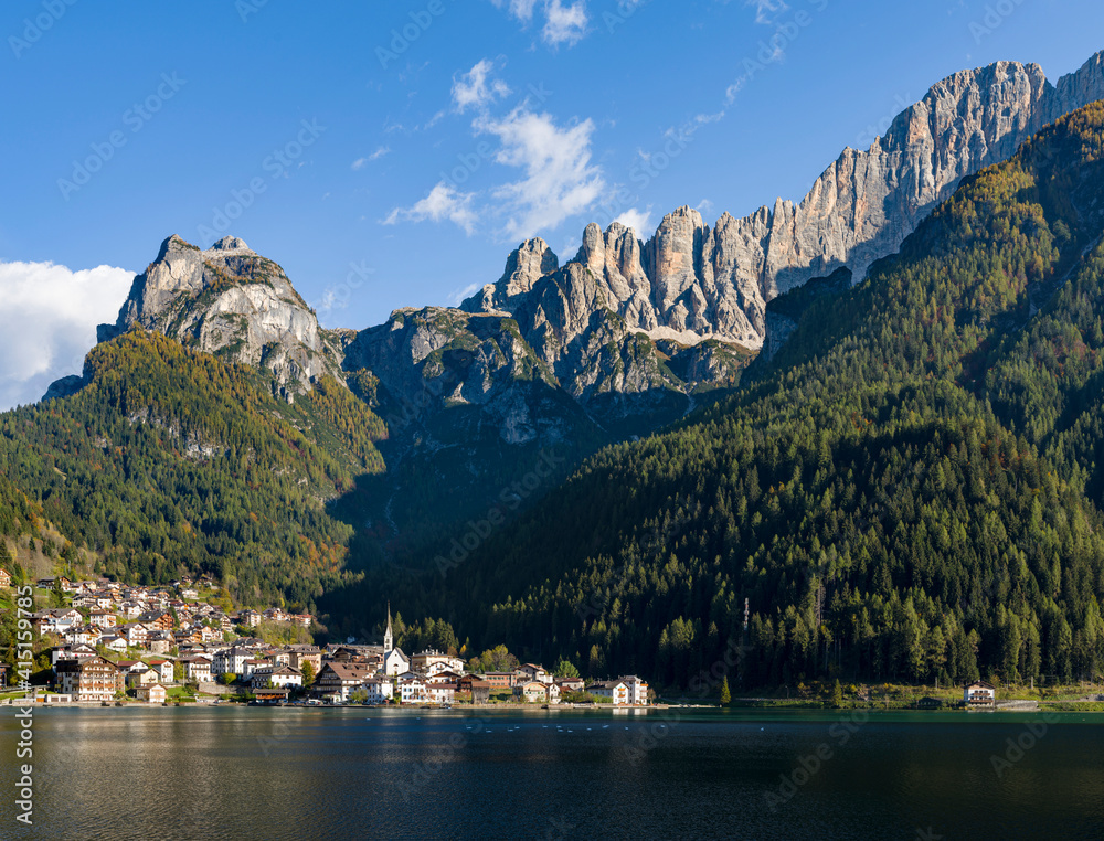 Alleghe at Lago di Alleghe under the peak of Civetta, an icon of the dolomites in the Veneto, Italy. Civetta is part of the UNESCO World Heritage Site.