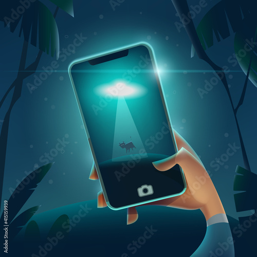 UFO invaders with Ray abduction a cow and night landscape background sci-fi illustration. Space invaders kidnap cattle . Concept Adventure theme. 3d style Cartoon Vector	
Категория	