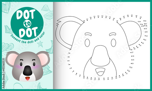 Connect the dots kids game and coloring page with a cute face koala character illustration
