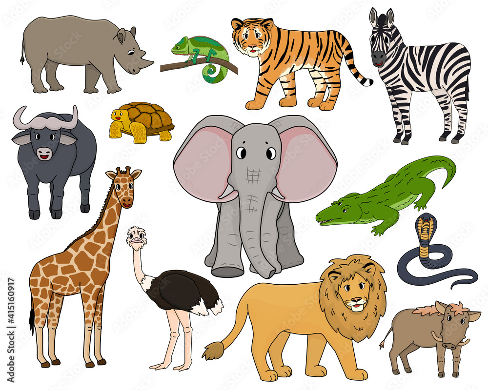 Obraz premium Set of vector cartoon isolated outline Savannah animals. Tiger, lion, rhinoceros, common warthog, African buffalo, tortoise, chameleon, zebra, ostrich, elephant, giraffe, crocodile, cobra