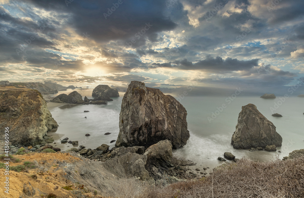 Beautiful landscape, rocks and ocean views along the Pacific Highway in northern California.