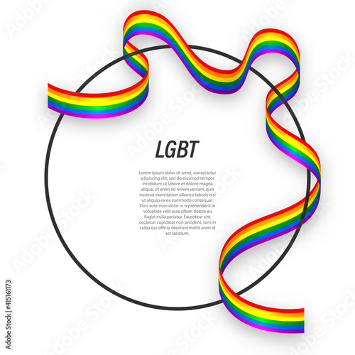 Waving ribbon rainbow gay flag on circle frame. Template for poster