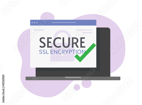 Digital SSL secure encryption online for internet web browser https protocol vector concept flat cartoon illustration, protected safety tech passed for website data, success checked security