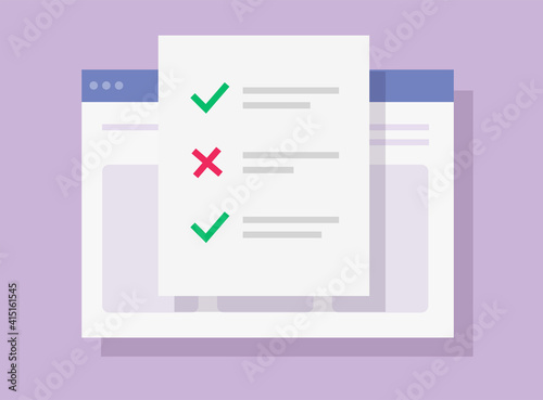Test exam result form online with check marks digital choices vector flat cartoon, electronic questionnaire survey page on internet web service, education learning of study idea