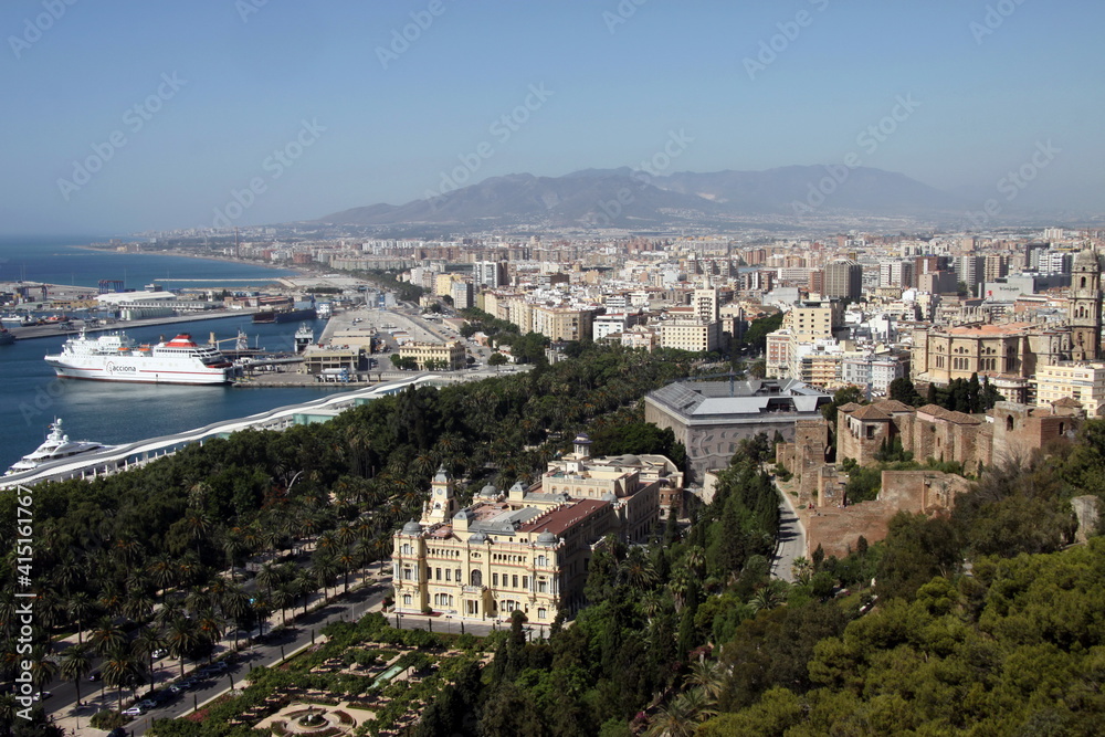  View of the monumental Town Hall and the seaport of Malaga, Costa del Sol, Malaga. Andalusia, southern Spain. Europe.