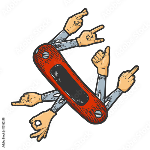 Multi-tool pocket knife with different hand gestures color sketch engraving vector illustration. Scratch board style imitation. Black and white hand drawn image.