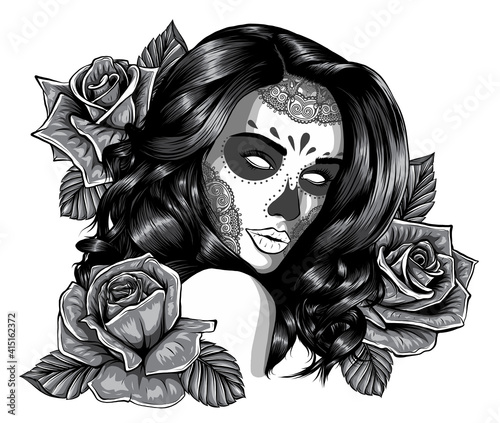 monochromatic Girl with skeleton make up hand drawn vector sketch. Santa muerte woman witch portrait stock illustration