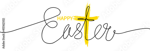Photography Happy Easter Hand drawn calligraphy lettering with a yellow cross