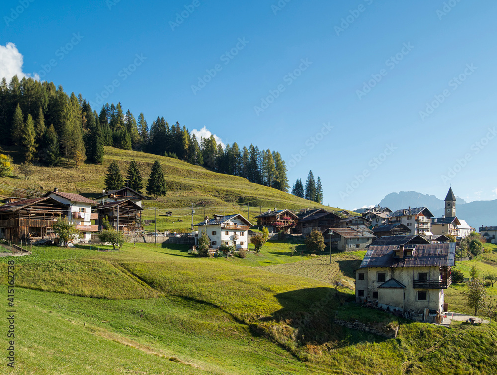 Village Sappade, traditional alpine architecture in valley Val Biois, Italy.