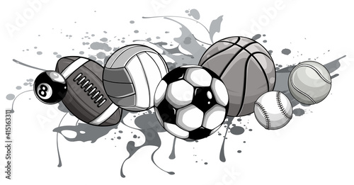 monochromatic Sport balls on water background. Vector illustration