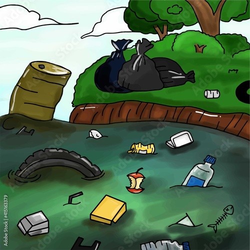 Ocean Pollution. Illustration of the impact of dumping garbage in the ocean and causing marine animals to be injured
