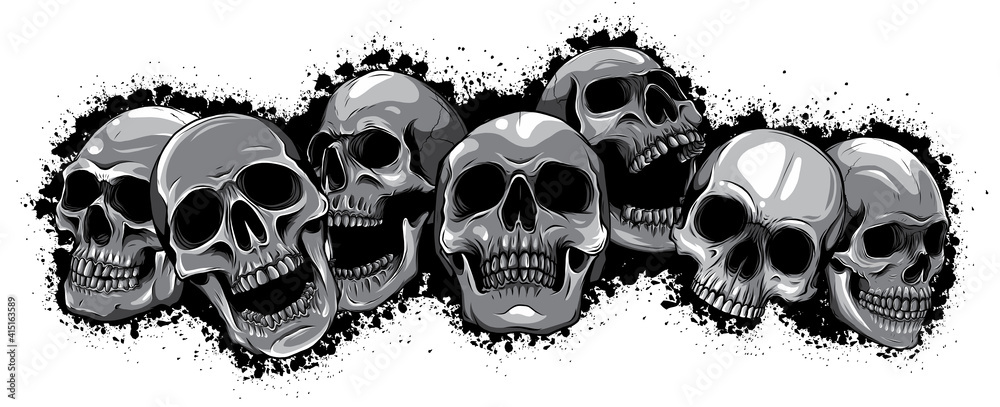 monochromatic Vector illustration group of human skulls. Human skull ...