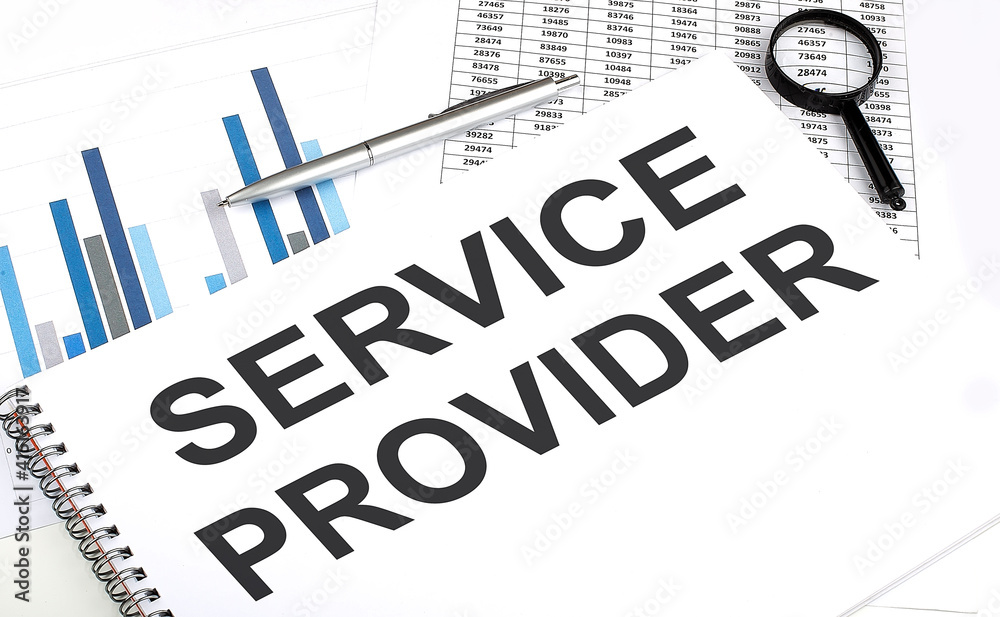 In the notebook, the text SERVICE PROVIDER , next to magnifier and a pen, the background is graphics. In the notebook, the text SERVICE PROVIDER , next to magnifier and a pen, the background is graphics.