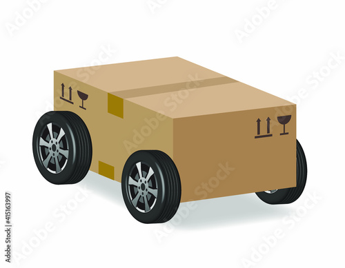 cardboard box on wheels, delivery concept, vector illustration 