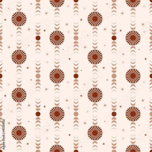 Abstract vector seamless pattern in a modern minimalist style.  Brown moon phase, terracotta planet and stylized sun on a light beige backdrop