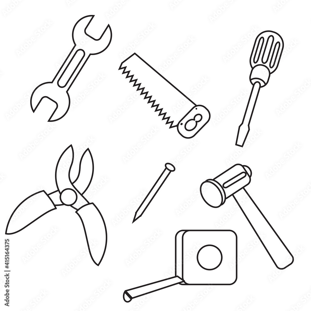 Simple stylish tool set design set on isolated white background. design