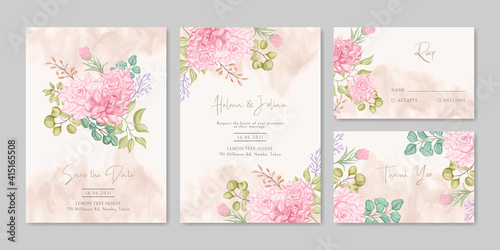 Wedding invitation card template with beautiful floral bouquet set bundle
