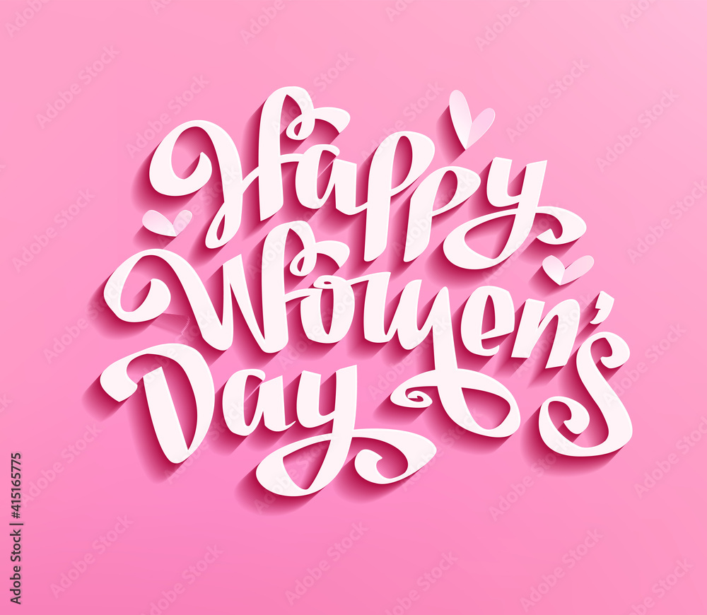 Happy Women's Day vector paper cut Lettering calligraphy on pink background. Vector Template for 8 march greeting card and decoration for Women's Day
