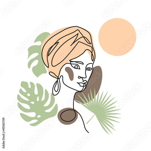 Black afro woman in turban. Face line art vector portrait with palm tree and sun