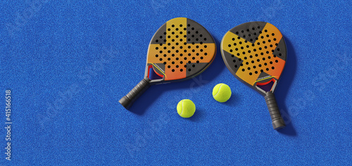 Close up of padel balls and rackets on a blue syntehtic playground. 3D rendering	