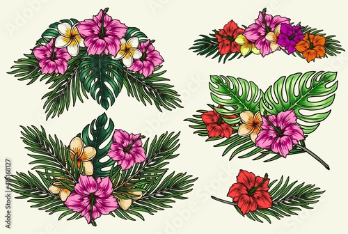 Colorful vintage tropical floral composition
