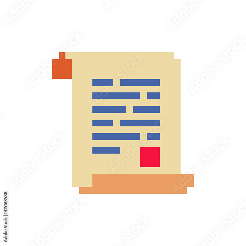 Pixel paper scroll icon. Sticker design. Old school computer graphic style. Pixel art 8-bit. Isolated vector illustration.