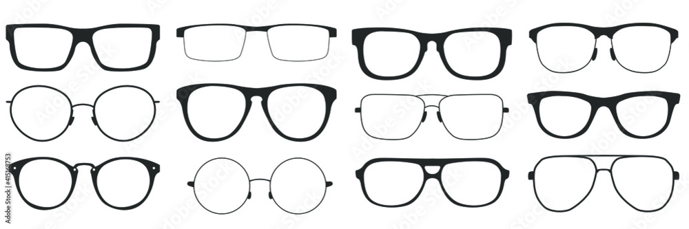 Set of glasses in retro style, isolated on white background. Glasses with black frames in various shapes and styles for men and women. Vector illustration Set of glasses in retro style, isolated on white background. Glasses with black frames in various shapes and styles for men and women. Vector illustration