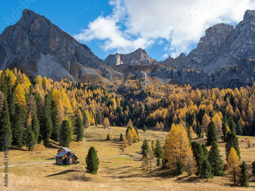 Val San Nicolo in Val di Fassa. Marmolada mountain range in the Dolomites of Trentino. Dolomites are part of the UNESCO World Heritage Site. photo