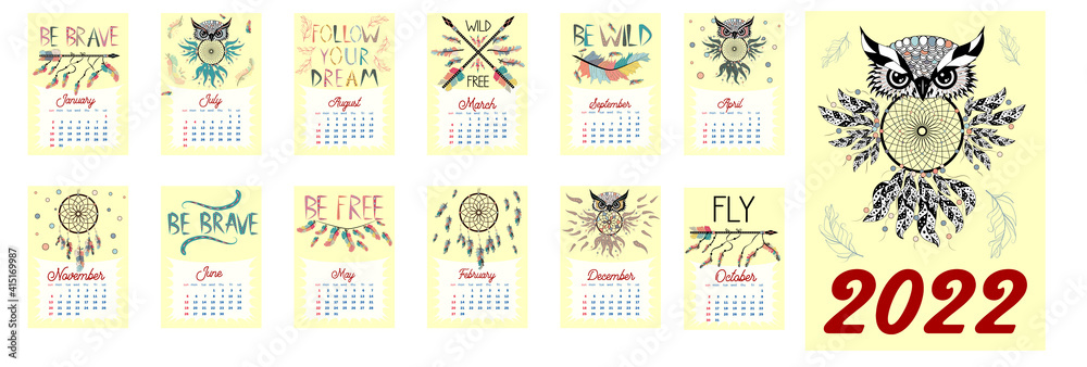 Colorful cute monthly boho calendar 2022 with dream catchers, boho owls, arrows, feathers, inspirational inscriptions