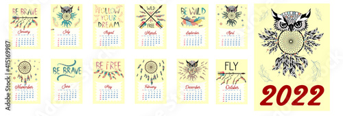 Colorful cute monthly boho calendar 2022 with dream catchers, boho owls, arrows, feathers, inspirational inscriptions