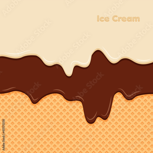 Vanilla and chocolate cream melted on waffle background. Sweet ice cream background. Vector illustration