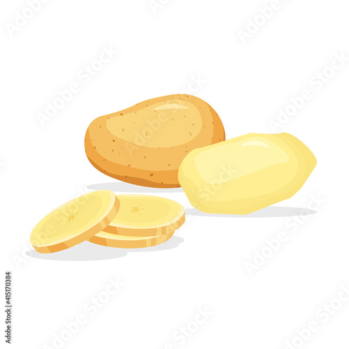 Peeled whole and piece of potatoes isolated on white background. Vegan food vector vegetable icons in a trendy cartoon style. Healthy food concept.	