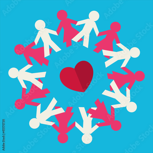 Circle of white and red paper people holding hands surounding a red heart on a blue background - Radial Vector illustration