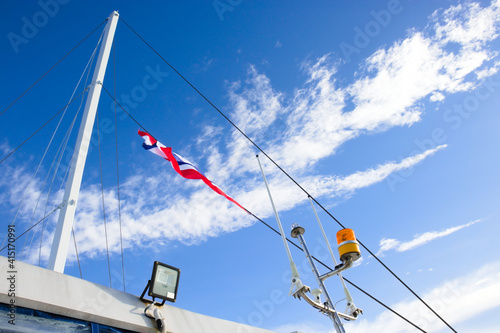 Mast rigging of yacht and blue sky, adventure concept.