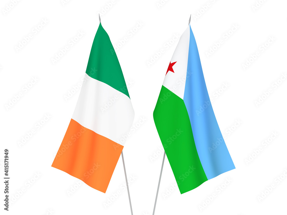 National fabric flags of Ireland and Republic of Djibouti isolated on white background. 3d rendering illustration. National fabric flags of Ireland and Republic of Djibouti isolated on white background. 3d rendering illustration.