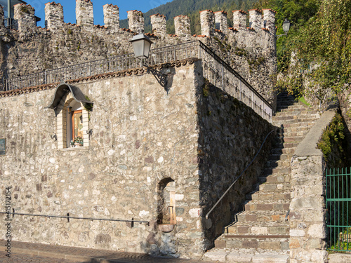 Wall at Palazzo Miniere. Traditional architecture of the Primiero. Fiera di Primiero in the valley of Primiero in the Dolomites of Trentino, Italy. photo