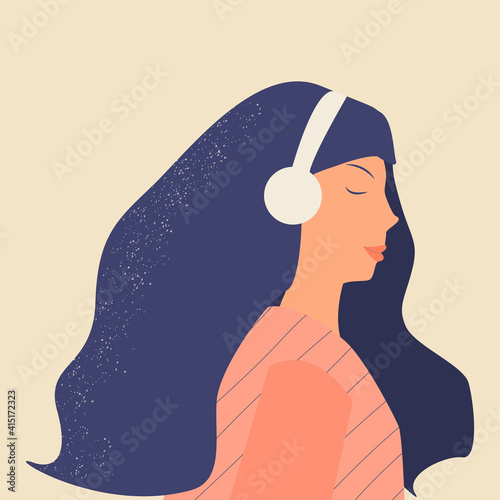 Cute young girl or woman in headphones listening to music, radio, podcast or audio book. Music therapy. Trendy hand drawn flat Vector illustration.