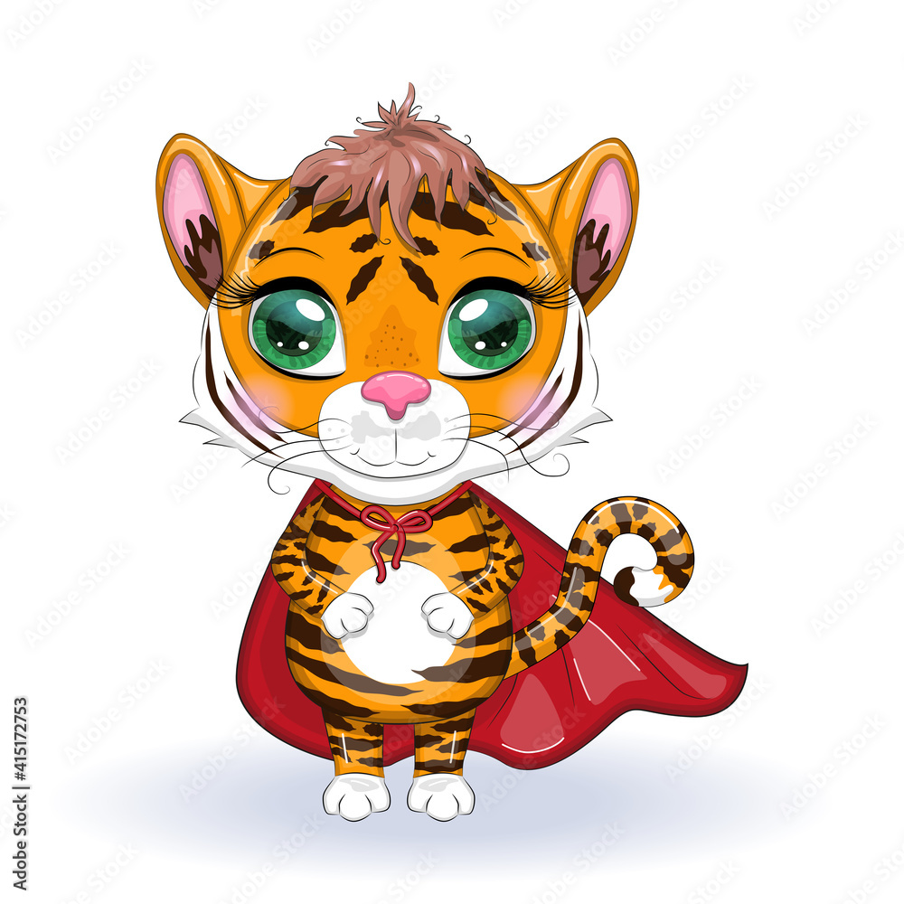 Cute cartoon tiger with beautiful eyes, orange in a red cloak, super hero Cute cartoon tiger with beautiful eyes, orange in a red cloak, super hero