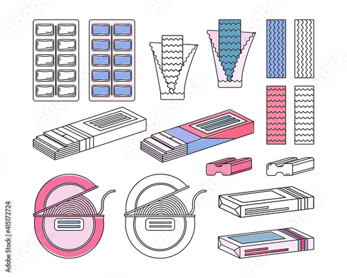 Set of color and monochrome bubble gum. Line art.