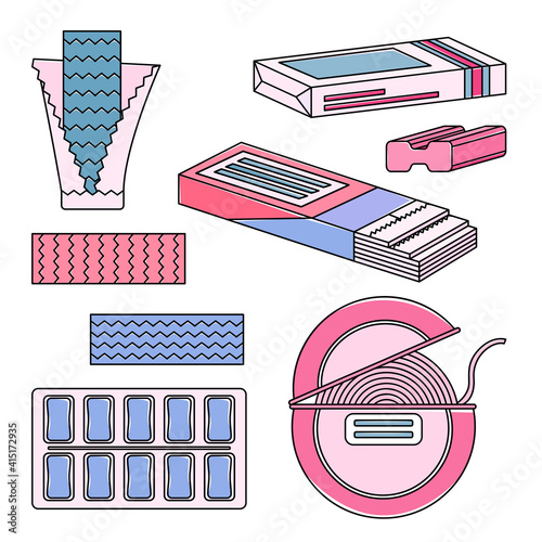 Color set of chewing gum. Style of the 90s. Line art
