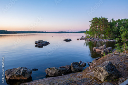 View of the shore of The Lake Saimaa in the evening, Lammassaari, Imatra, Finland