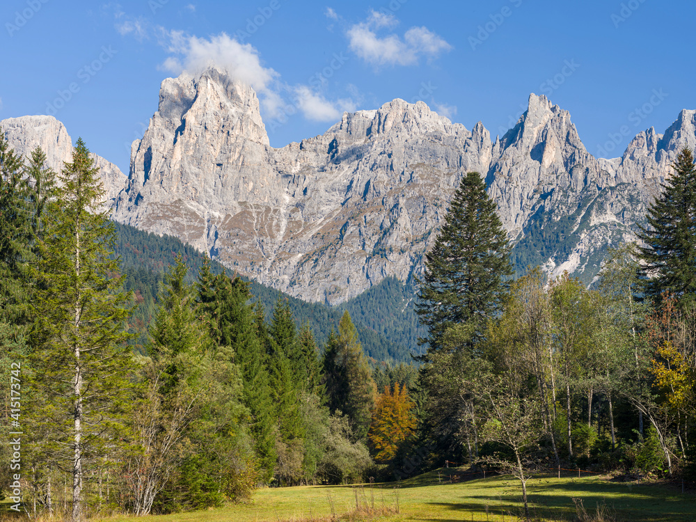 Valle del Canali in the mountain range Pale di San Martino, part of UNESCO World Heritage Site Dolomites, in the dolomites of the Primiero, Italy.