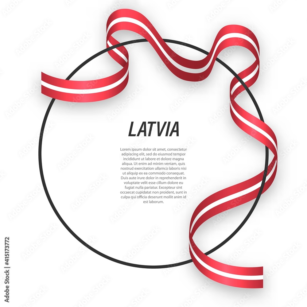 Fototapeta premium Waving ribbon flag of Latvia on circle frame. Template for independence day poster