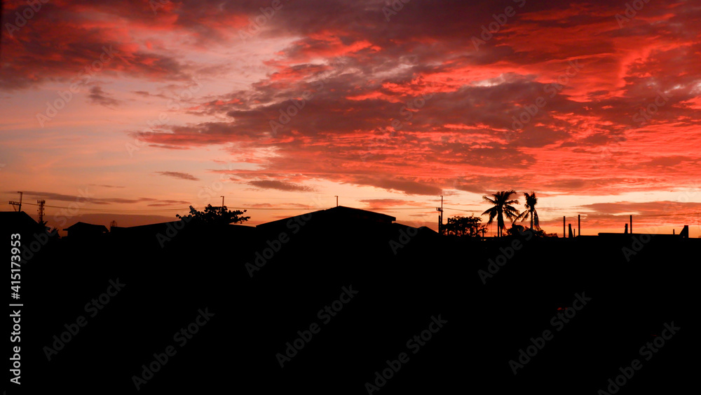 Bloody Red Sunset Sky with Silhouette Background Wallpaper