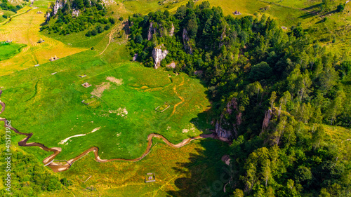 pastures and green trees seen from the rock where we climbed