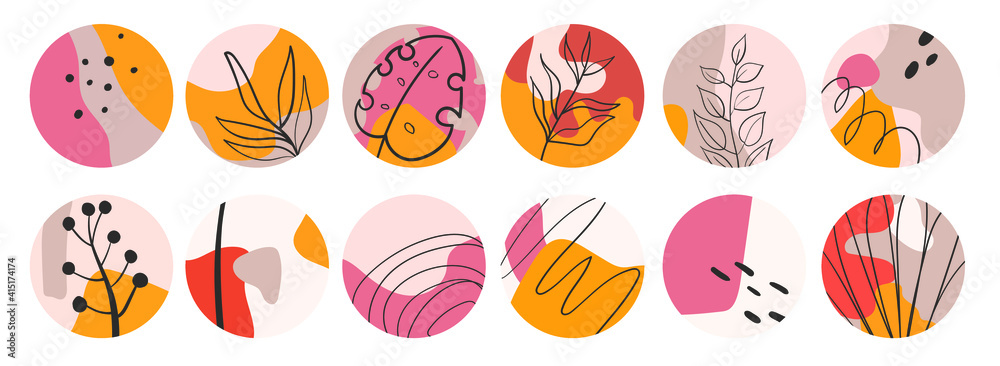 Abstract highlight covers, contemporary shapes , round icons for bloggers social media stories, vector set, contemporary round stories