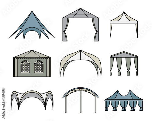 Vector set of event tent illustrations. Line art.