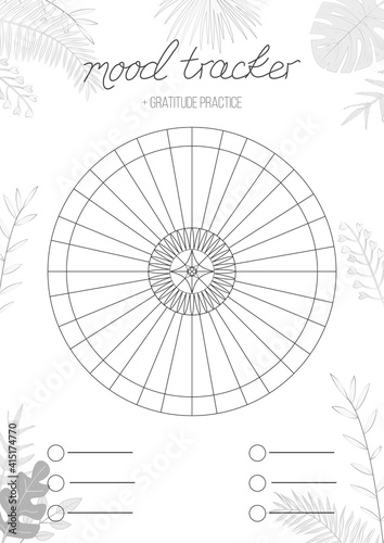 Printable A4 paper sheet with circle with blank lines to fill and tropical leaves. Minimalist planner of mood tracker  gratitude log  bullet journal page  daily planner template  blank for notebook.