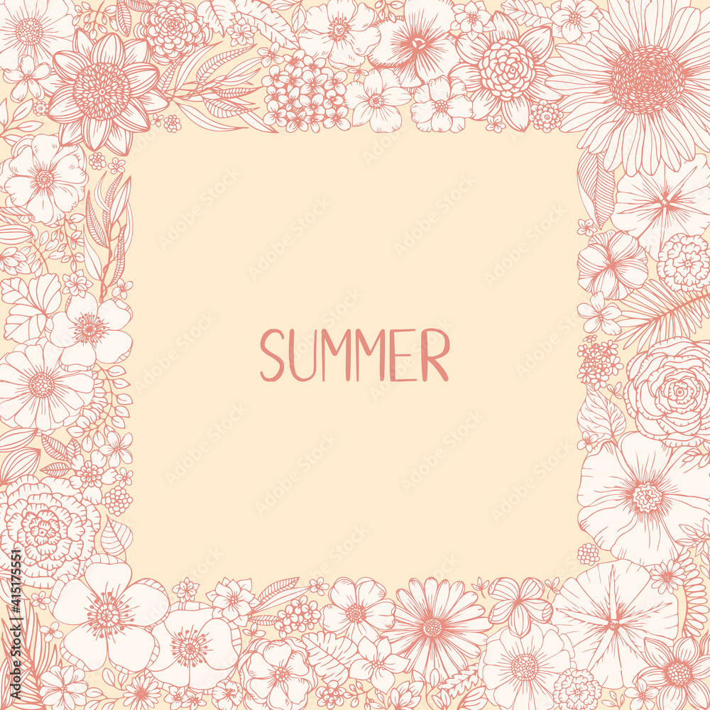 Vector floral frame. Summer flowers in hand draw doodle sketch style. Blooming flowers and herbs illustration. Vector floral frame. Summer flowers in hand draw doodle sketch style. Blooming flowers and herbs illustration.